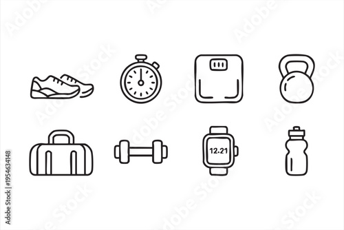 Fitness and gym icon set with workout equipment including dumbbell kettlebell smartwatch and water bottle in outline style