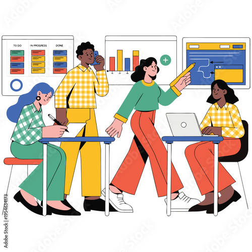 Project Management Workflow and Team Collaboration Vector Illustration