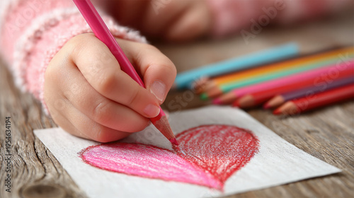 A child draws a heart on a piece of paper with a pink pencil, close-up of hands and drawing, a boy makes a card for Mother's Day, love, Valentine, Valentine's Day