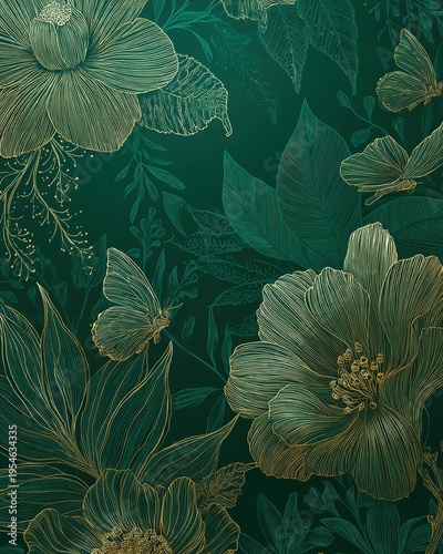 A luxurious green vector background with tropical floral line art and elegant botanical detailing, rich in tone and refined in composition.
