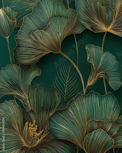 A luxurious green vector background with tropical floral line art and elegant botanical detailing, rich in tone and refined in composition.