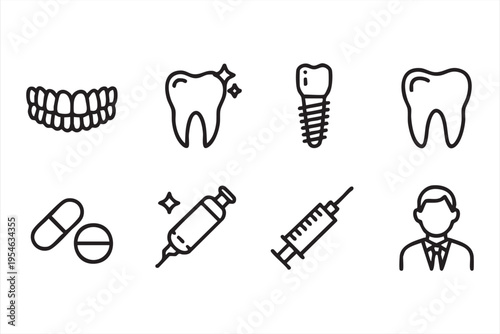 Dentist and dental care illustration set with implant syringe and medicine for oral health concepts