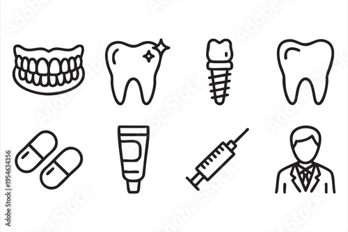 Healthcare and dental treatment icon pack with tooth hygiene tools and medical equipment in outline style