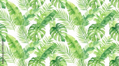 Lush Green Tropical Leaves Pattern in Watercolor for Elegant Home Decor Design Background