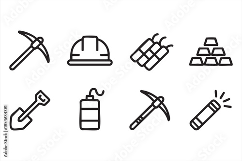 Mining industry icon set with pickaxe helmet dynamite gold bars and tools in clean outline style for industrial design