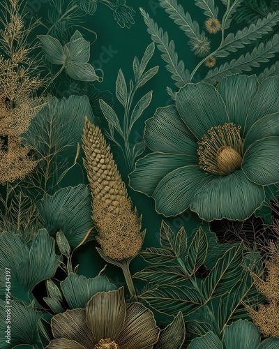 A luxurious green vector background with tropical floral line art and elegant botanical detailing, rich in tone and refined in composition.