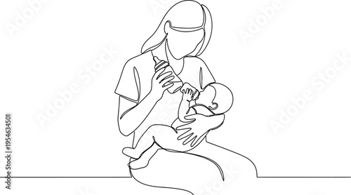Breastfeeding, nursing, mother and baby, line art, vector illustration