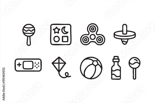 Children play and entertainment line art icons featuring toys candy and activity objects for education visuals