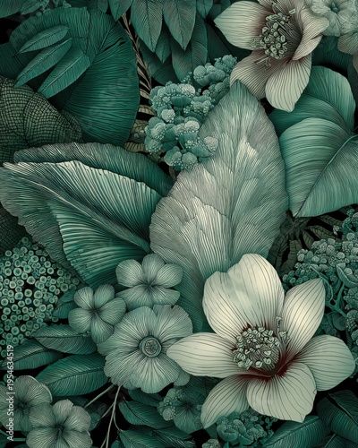 A luxurious green vector background with tropical floral line art and elegant botanical detailing, rich in tone and refined in composition.