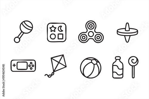 Toy collection illustration set with playful items for kids learning, recreation, and childhood development concepts