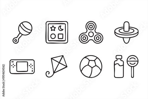 Kids activity and toy icon pack with ball kite and spinner for nursery, preschool, and educational materials
