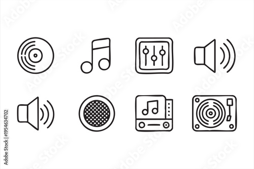 Audio media icon pack with vinyl record note and equalizer for streaming, podcast, and music production concepts