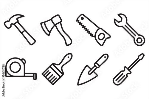 Hand tools icon set with hammer saw wrench screwdriver and construction equipment in clean outline style