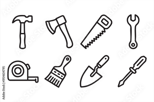 Hand tool illustration set with hammer axe saw and measuring tape for workshop and building concepts