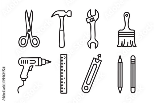 Industrial and repair icon pack with tools for carpentry, renovation, and engineering graphics