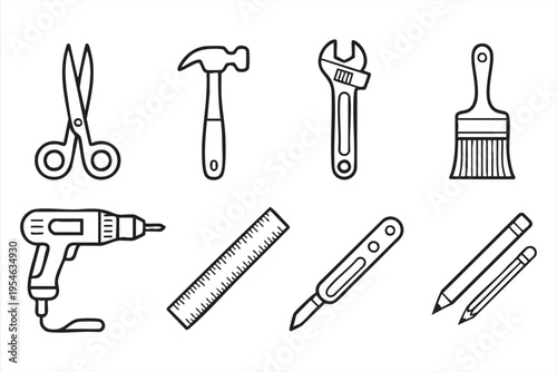 Construction equipment illustration set with drill hammer cutter and ruler for workshop and building concepts
