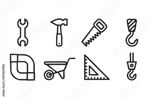 Construction equipment and tool icons with wrench hammer saw and wheelbarrow in clean outline style for building design