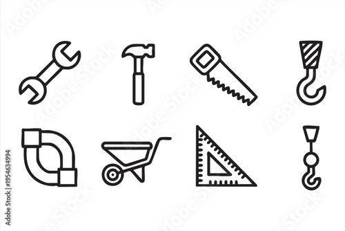 Engineering and construction line art icons featuring tools and equipment for industrial and DIY projects