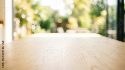 Close-up View of a Wooden Table with Beautiful Blurred Background in a Sunlit Outdoor Space