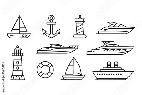 Marine and sailing illustration set with cruise ship lifebuoy and lighthouse for coastal travel concepts