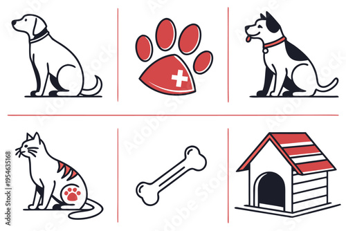 Pet Care Icons: A collection of charming icons, each illustrating essential aspects of pet care. From playful canines to a cuddly feline, all meticulously crafted in a modern and appealing style.