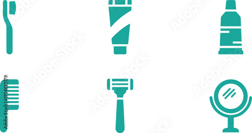 Teal Bathroom Hygiene Icons Set: Toothbrush, Toothpaste, Razor, Comb, Mirror