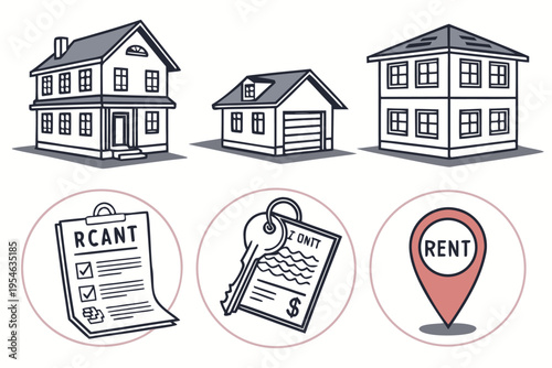 Rental Property Elements: A visual arrangement presenting the key components of the rental property market, including residential structures, essential documentation.
