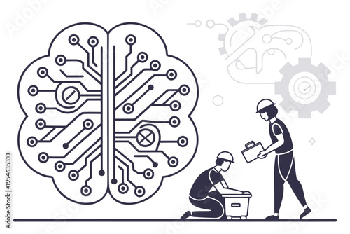 Cybernetic Minds: A visionary illustration of a brain-shaped circuit board, embodying the fusion of human intellect and technological innovation, with dedicated workers working on it