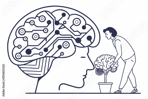 Nurturing the Mind's Garden: A person tends to the growth of a brain, symbolizing mental cultivation and innovation