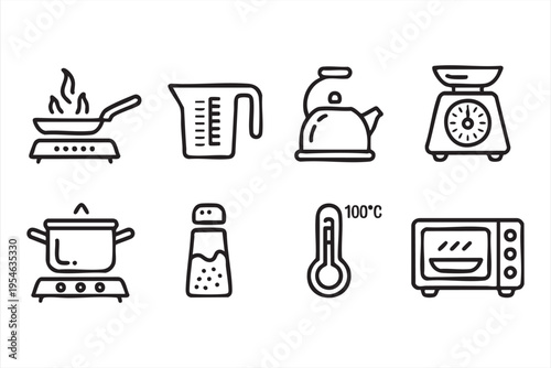 Cooking and kitchenware illustration set with pot measuring cup and thermometer for recipe and culinary concepts