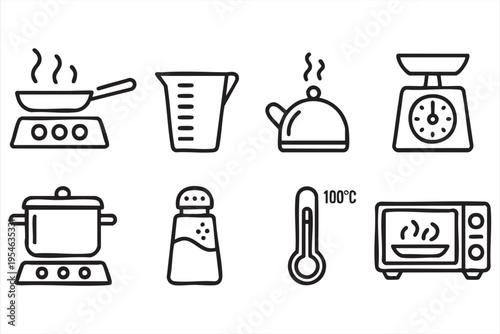 Food preparation and kitchen appliance line art icons featuring cookware and tools for cooking visuals