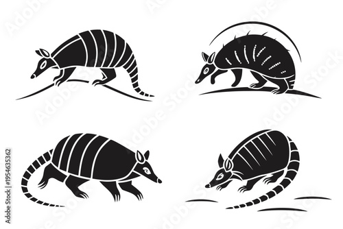 Armadillo Silhouette Set: A set of stylized armadillo silhouettes in various poses, ideal for design projects related to wildlife or nature.