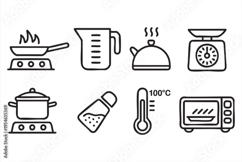 Kitchen appliance and cooking tool icon pack with stove microwave and cookware for food design