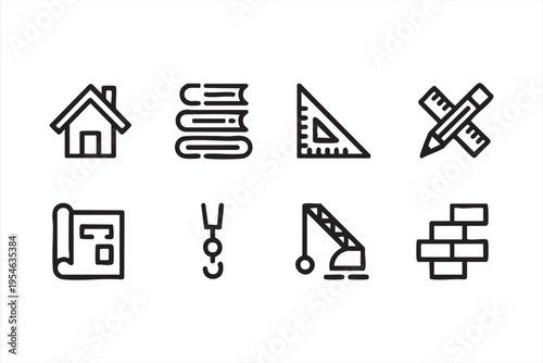 Architecture and construction icon set with house blueprint crane and bricks in clean outline style for building design