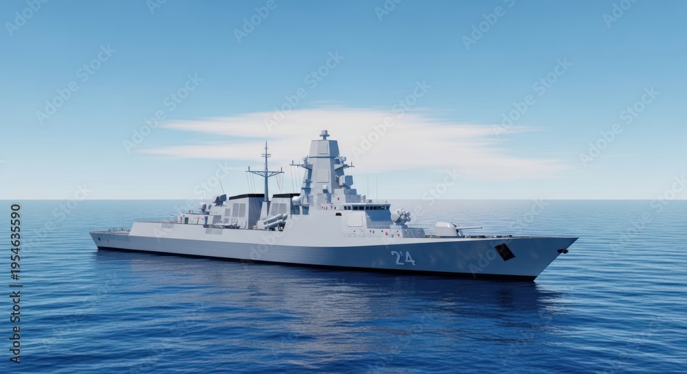 Obraz premium A large, imposing warship with a sleek, angular design and a towering superstructure, navigating the open sea under a clear blue sky.