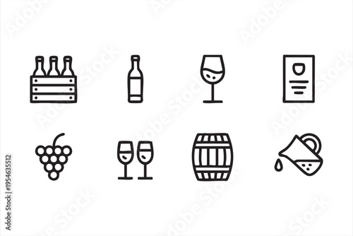 Wine tasting and production icon pack with bottle glass and barrel for restaurant and bar design