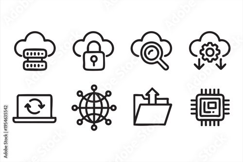 Cloud computing icon set with server security sync network and processor in clean outline style for technology design