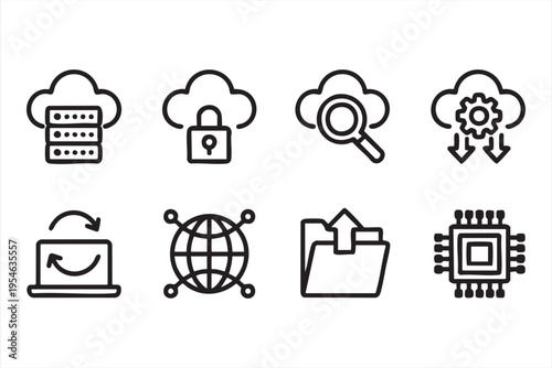 Data storage and cloud technology line art icons featuring backup upload and network infrastructure visuals