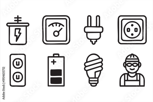 Electrical system and power line art icons featuring voltmeter wiring and engineer for technology visuals