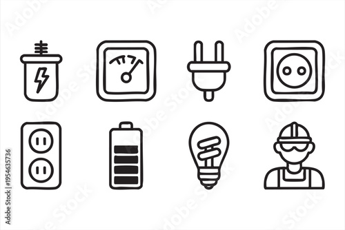 Power supply and electricity icons with wiring and devices for energy infrastructure design