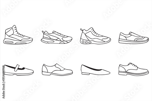 Shoes and footwear line art icons featuring casual and formal styles for clothing and retail visuals