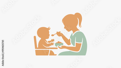 Mother feeding baby with spoon minimalistic family care icon simple illustration for parenting and childcare concepts