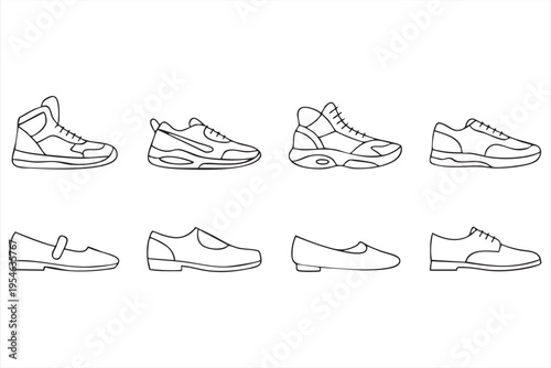 Footwear icon set with sneakers boots loafers and formal shoes in clean outline style for fashion design