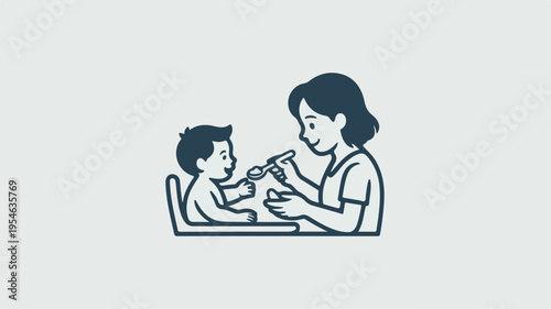 Mother feeding baby with spoon minimalist icon illustration of parent and child eating together