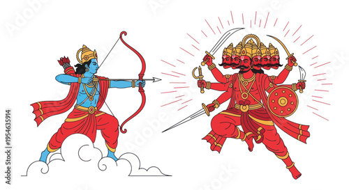 Lord Rama aiming bow at ten-headed Ravana, Hindu mythology illustration