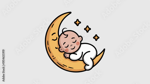 Baby sleeping peacefully on a crescent moon with stars symbolizing dreams and serenity in a minimalist design