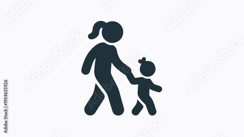 Simple icon of a mother and child holding hands walking together in a minimalist style on a white background