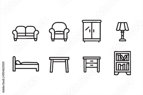 Furniture and home interior icon set with sofa bed wardrobe and lamp in clean outline style for decor design
