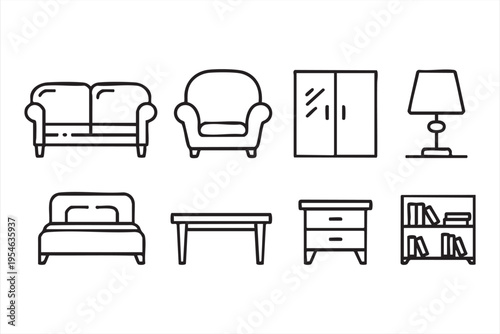 Home furniture line art icons featuring living room bedroom and storage elements for interior design visuals