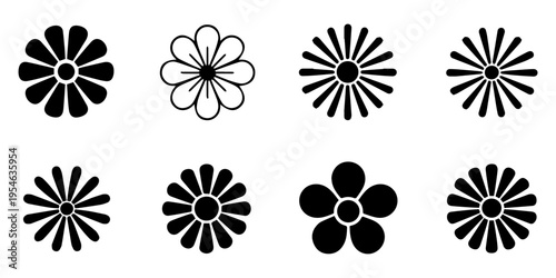 black silhouette Flower icon set vector, Flowers icon set. Flowers isolated on transparent background. Flowers in modern simple. Cute round flower plant nature collection. Vector illustrator, Minimal